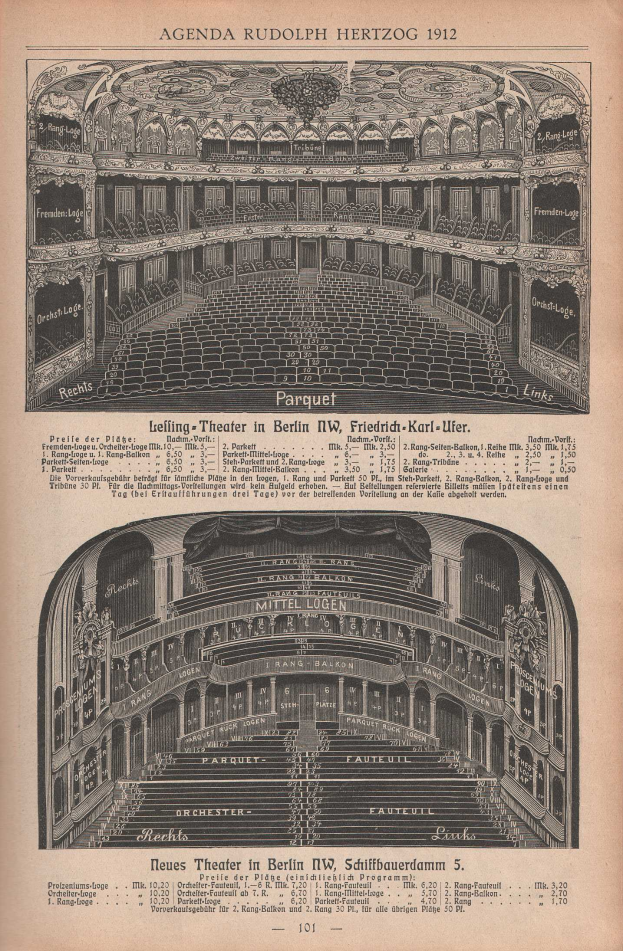 Eine alte Buchseite mit einer Zeichnung eines großen Auditoriums in Berlin, Deutschland aus dem Jahr 1912, begleitet von Text, der das Layout des Theaters beschreibt.