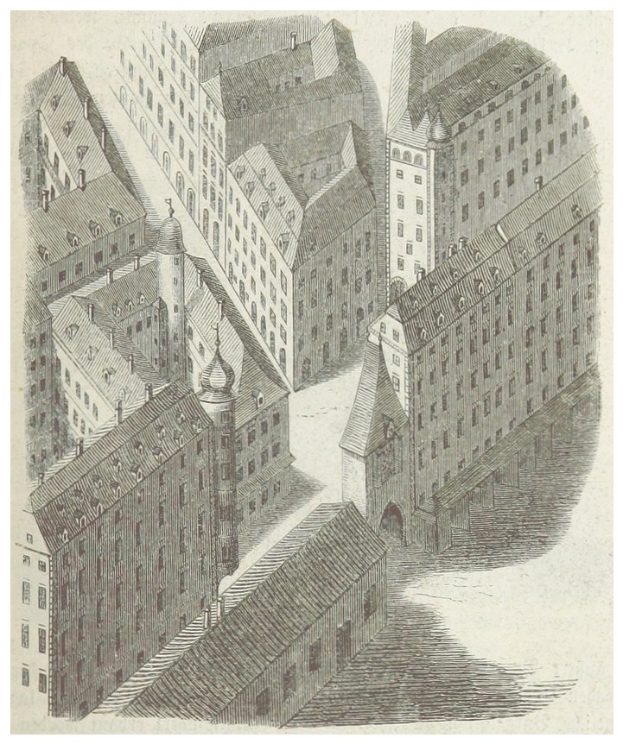 Ein detailliertes altes Stadtansichtsbild mit verschiedenen architektonischen Gebäuden und Text unten.