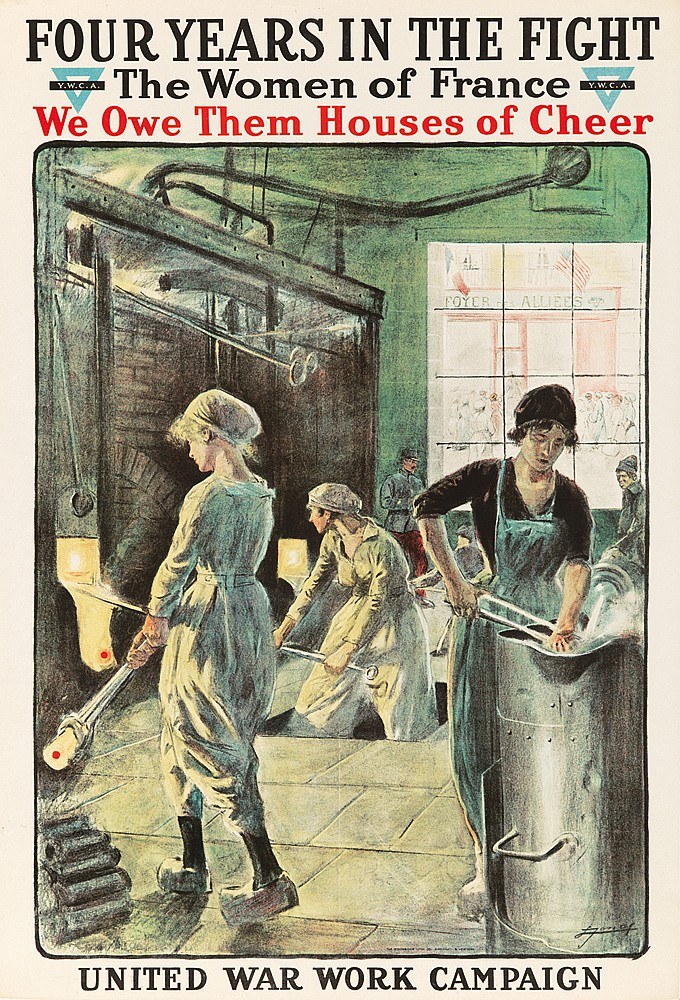 Plakat mit vier entschlossenen Frauen in einer Reihe mit dem Text "Wir schulden ihnen Häuser der Freude" darüber.