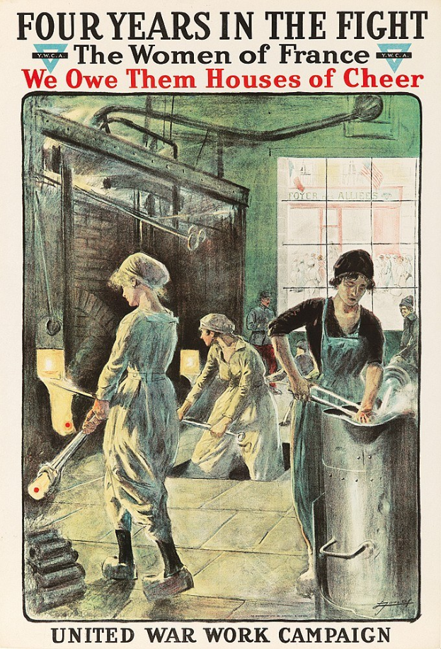 Plakat mit vier entschlossenen Frauen in einer Reihe mit dem Text "Wir schulden ihnen Häuser der Freude" darüber.