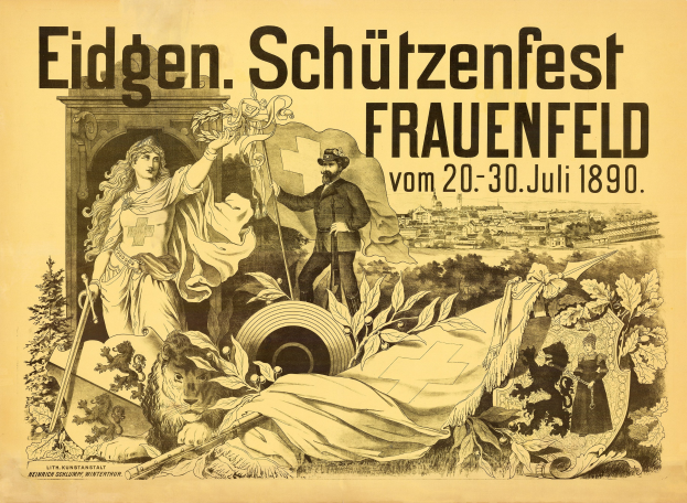 Plakat für das Eidgenössische Schützenfest in Frauenfeld, Deutschland, das einen Mann in einem Anzug und eine Frau in einem Kleid zeigt, die nebeneinander stehen, mit Veranstaltungseinzelheiten im Text.