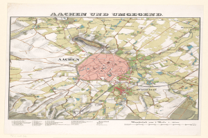 Ein detaillierter alter Stadtplan von Aachen, Deutschland, der Straßen, Gebäude und Sehenswürdigkeiten zeigt, mit Text oben und unten auf dem Papier.