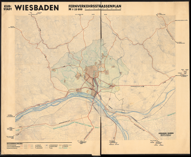 Ein gerahmtes, detailliertes altes Stadtplan von Wiesbaden, Deutschland, das Straßen, Gebäude, Sehenswürdigkeiten und Text über die Bevölkerung, Straßen und Sehenswürdigkeiten zeigt.