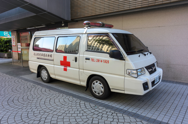 Ein Rettungswagen steht vor einem Gebäude mit einem Schild, umgeben von Bäumen und Pflanzen.