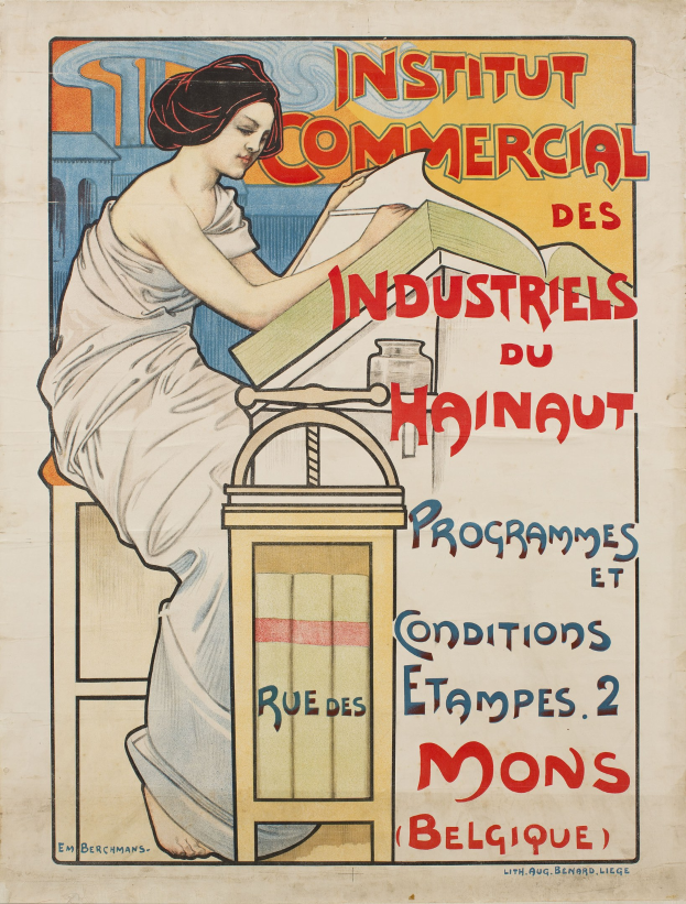 Plakat für das Institut Commercial des Industriels du Hainaut, das eine Frau zeigt, die an einem Tisch sitzt und ein Buch hält, mit Text, der Details über das Institut enthält.