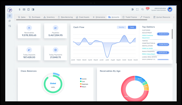 Ein Laptop-Bildschirm zeigt ein Finanzmanagement-Dashboard mit Grafiken und Text auf einem weißen Hintergrund mit einem blauen Kopfbereich.