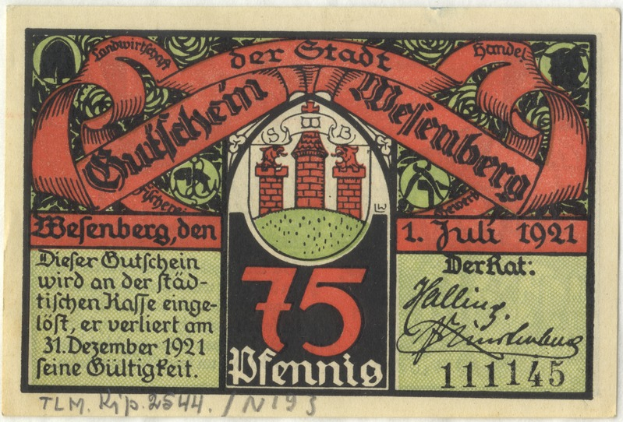 Eine alte deutsche Banknote mit einem Gebäude darauf, mit dem Text 'Bundesliga' und einem Logo unten, vor einem weißen Hintergrund.