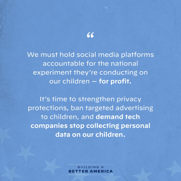 Plakat mit einem Zitat aus Building a Better America, das die Verantwortung von Social-Media-Plattformen für das Wohlbefinden von Kindern betont, dekoriert mit Sternen.