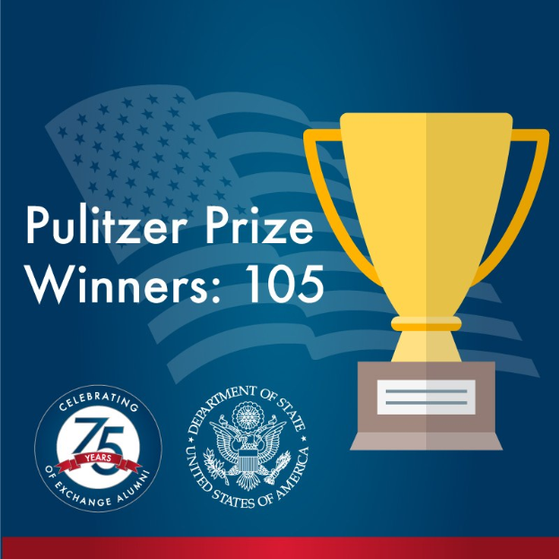 Plakat mit der überschrift "Pulitzer-Preis-Gewinner 105" mit einem zentralen Pokalsymbol umgeben von Text und Logos, das für Anerkennung und Errungenschaften steht.