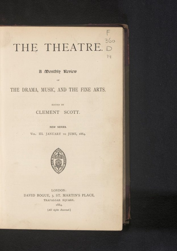 Titelblatt eines aufgeschlagenen Buches mit der Aufschrift "The Theatre: A Monthly Review of the Drama, Music, and the Fine Arts"