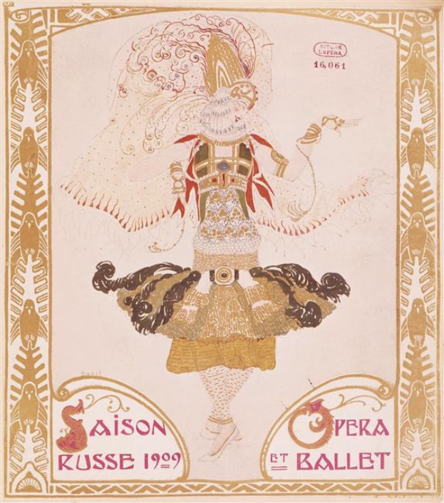 Plakat für eine Pariser Ballettvorstellung im Jahr 1909 mit dem Titel "Saison Russe", das eine gemalte Tänzerin und großen Text zeigt "Opera et Ballet."