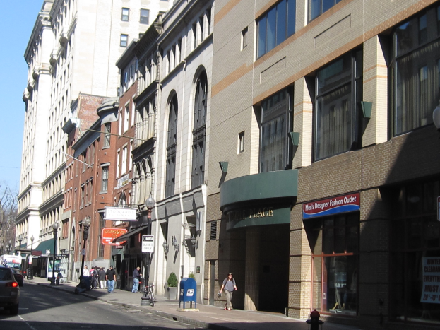 Eine belebte Stadtstraße mit hohen Gebäuden, Fahrzeugen, Fußgängern, einem Feuerhydranten, Laternen, Bäumen und einem klaren blauen Himmel.