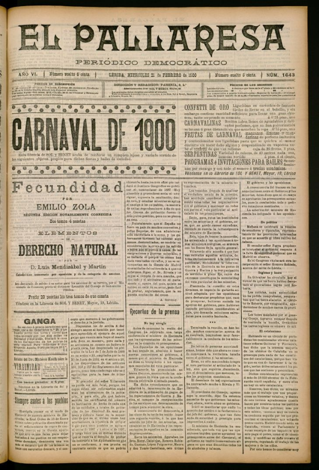 Offenes Buch mit dem Titel "El Pallaresa Karneval de 1900" mit dichtem Text, gegen einen dunklen Hintergrund dargestellt.
