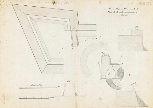 Eine Seite aus einem Buch mit einem detaillierten Architekturplan einer Opernhausecke mit einem Loch von 1845, begleitet von Text und Zeichnungen.