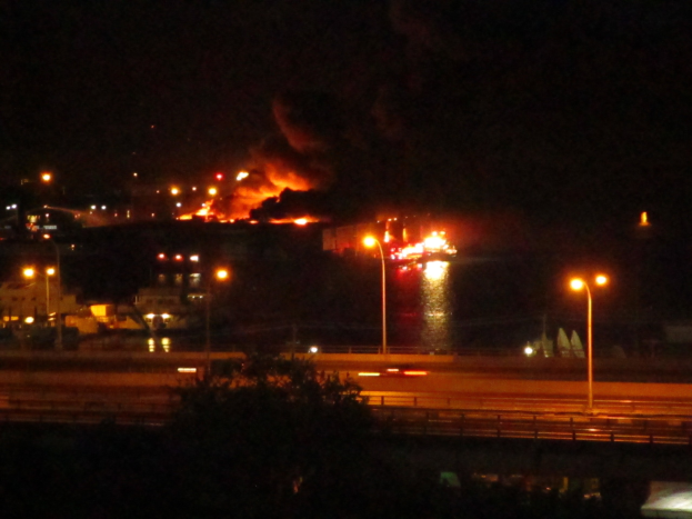 Großer Brand in einer Stadt bei Nacht, mit Straßenlaternen, einem Baum im Vordergrund, dunklem Himmel und naher Wasseröffnung.