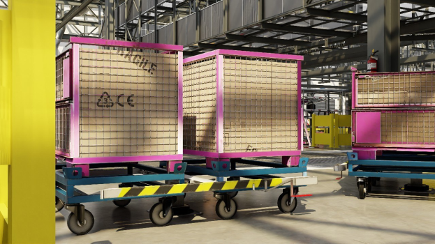 Großer Lagerraum mit zahlreichen Kisten auf Wagen, eine gelbe Säule links und ein Feuerlöscher rechts; Metallstangen und andere Gegenstände im Hintergrund, sichtbarer Boden.