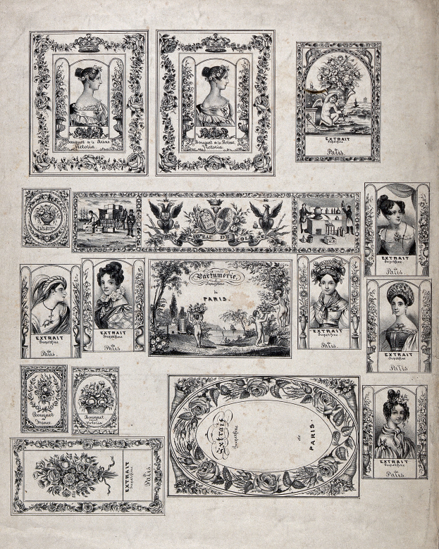 Ein altes Buchcover mit einer Collage von Frauen-Gesichtern in verschiedenen Ausdrücken und Farben sowie klassischem Text.