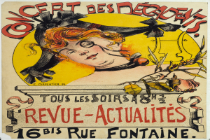 Ein Plakat, das ein Konzert der Decadents ankündigt und eine Frau mit einem menschlichen Gesicht zeigt.