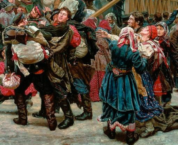 Gemälde, das eine lebhafte Tanzeinlage während der russischen Revolution zeigt, mit Menschen in traditioneller Kleidung, die Gegenstände halten, vor einem hölzernen Haus im Hintergrund.