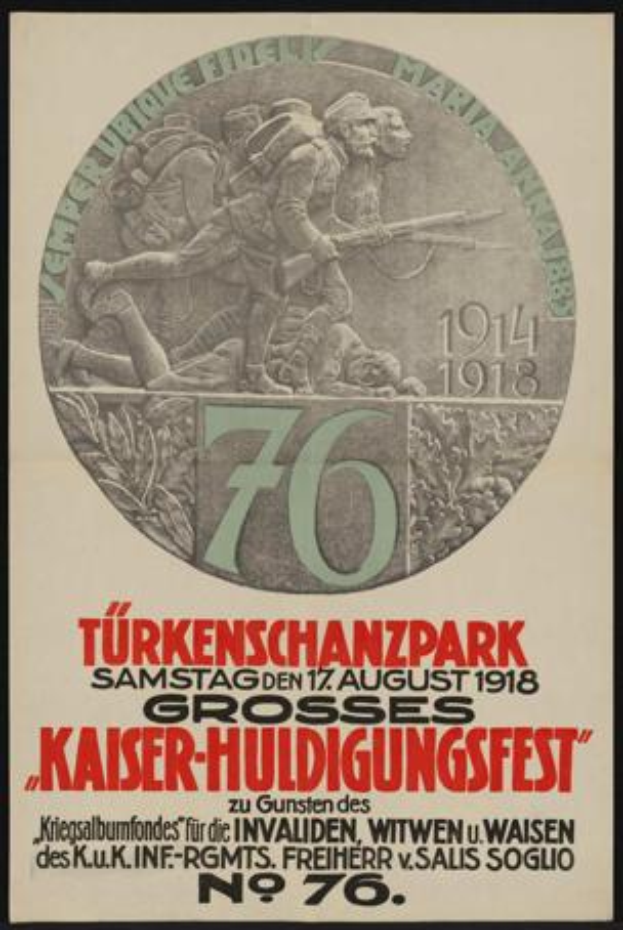 Ein gerahmtes Plakat zum 70-jährigen Jubiläum des Kaiser-Huldigungsfestes in Berlin, Deutschland, das eine Gruppe von Menschen in der Mitte zeigt, umgeben von Text und Zahlen.