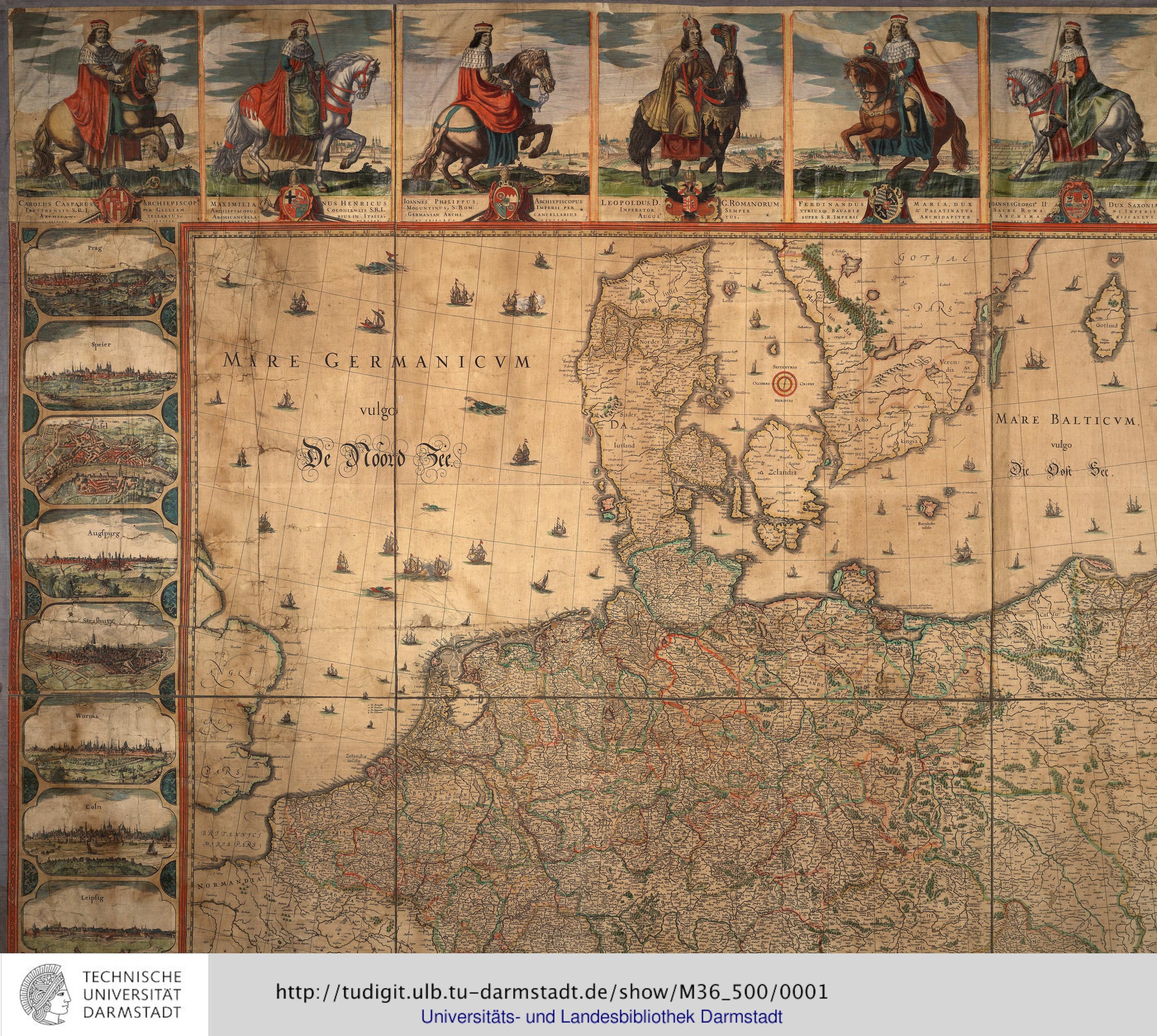 Eine detaillierte Karte von Deutschland mit einer Gruppe von Menschen in traditioneller Kleidung auf Pferden im Hintergrund und Text unten.