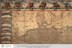 Eine detaillierte Karte von Deutschland mit einer Gruppe von Menschen in traditioneller Kleidung auf Pferden im Hintergrund und Text unten.