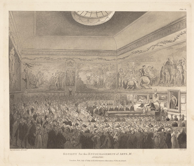 Gravur eines große Saals mit stehenden und sitzenden Menschen, Fotorahmen an den Wänden und einer Decke, mit Text unten lesend "Gesellschaft für die Förderung der Künste".