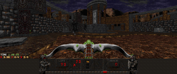 Dungeon-Szene aus *Dungeon Master II* mit einem Drachen in der Mitte, umgeben von Wänden, Säulen und Gegenständen, mit Spielstatus-Text und -Zahlen unten.