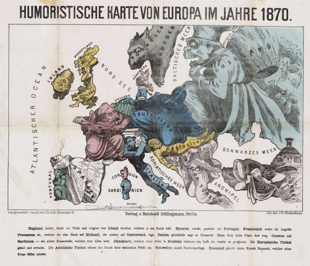 Ein Plakat mit einer Europakarte aus dem Jahr 1870, umgeben von Cartoon-Bildern und dem Text "Humoristische Karte von Europa im Jahre 1870".