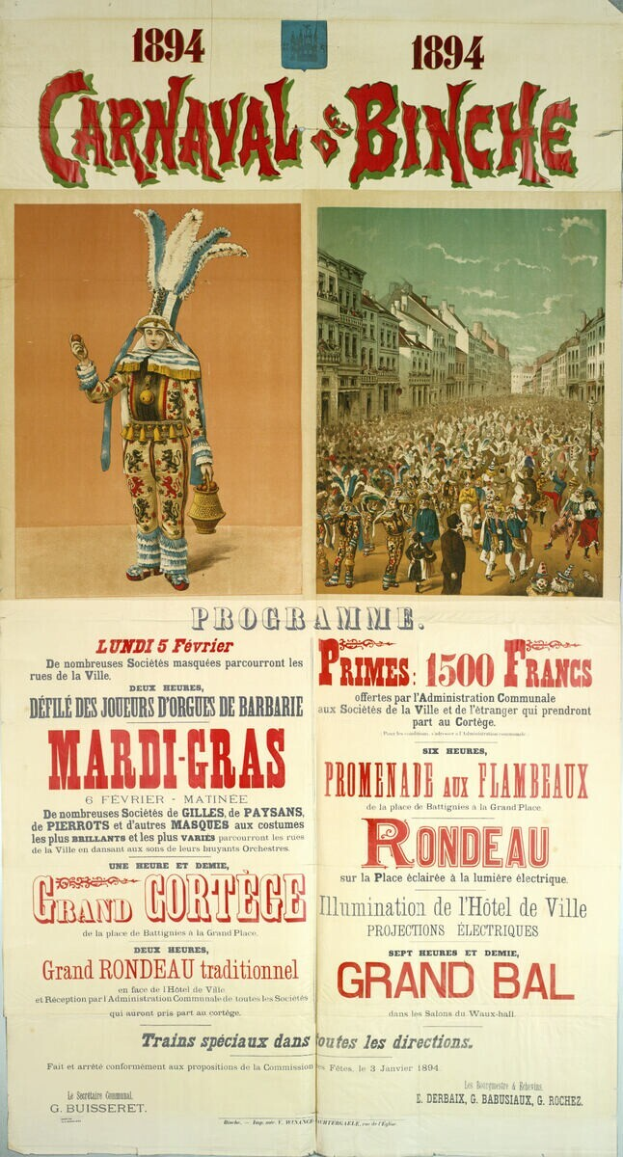Ein altes Karnevalplakat aus Banche, Frankreich, das Menschen, Gebäude und Text zeigt.