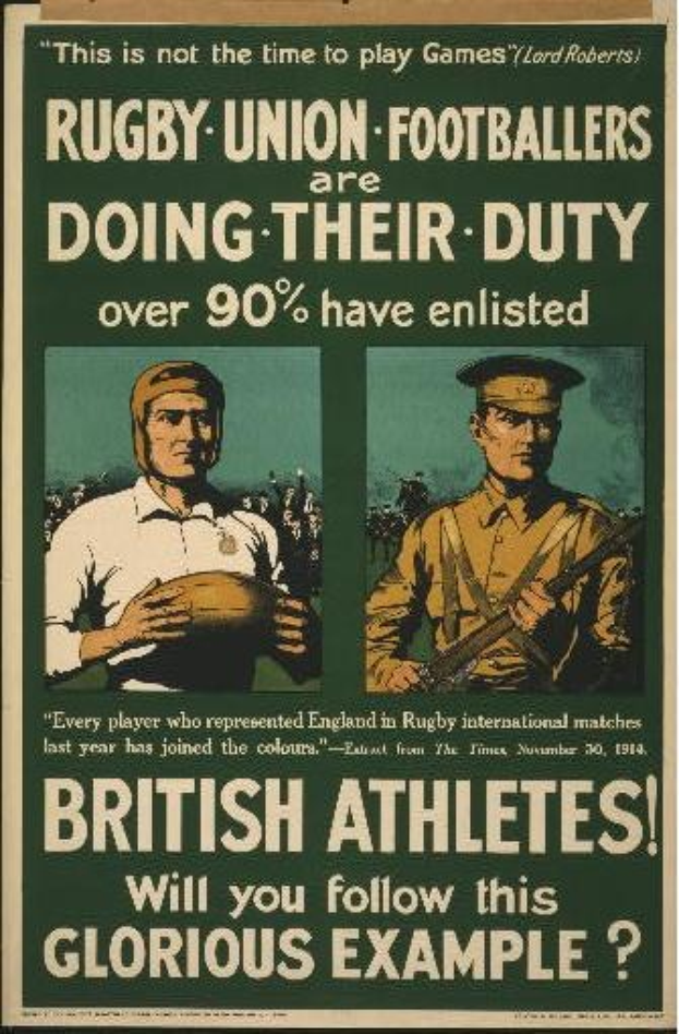 Zwei Rugbyspieler in einem Plakat, das britische Athleten zur Einberufung auffordert, mit Text, der über ihre Aufgaben informiert.