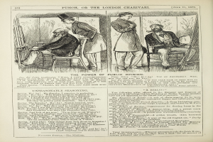 Ein altes Buch mit einer Zeichnung eines Mannes in einem Anzug, der in einem Stuhl sitzt und eine Frau neben ihm steht, der Text auf der Seite lautet "Die Macht der öffentlichen Meinung."