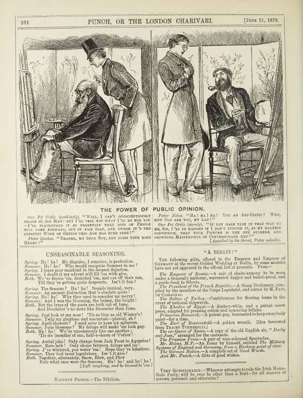 Ein altes Buch mit einer Zeichnung eines Mannes in einem Anzug, der in einem Stuhl sitzt und eine Frau neben ihm steht, der Text auf der Seite lautet "Die Macht der öffentlichen Meinung."