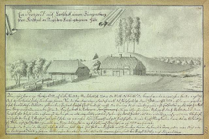 Ein altes historisches Dokument, das eine ländliche Farmlandschaft zeigt, die mit "Surgensburg, Germany - Landscape of a Farm" beschriftet ist.
