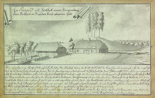 Ein altes historisches Dokument, das eine ländliche Farmlandschaft zeigt, die mit "Surgensburg, Germany - Landscape of a Farm" beschriftet ist.