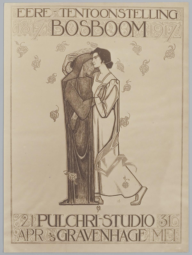 Ein Plakat, das einen Mann in einem Anzug und eine Frau in einer Schürze zeigt, die Seite an Seite stehen und ernst aussehen, bewirbt ein Ereignis mit Text.