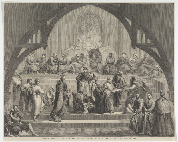 Eine Gruppe von Menschen, die vor einem Gebäude stehen und sitzen, mit einem Text unten, der "The School of Legislation by G.W. Watts in Lincoln's Hall" lautet.