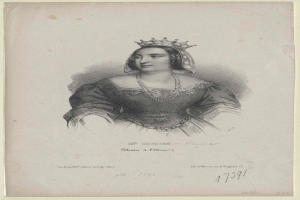 Porträt der Queen Elizabeth I. von England in königlicher Kleidung mit einer Krone, begleitet von Text unten.