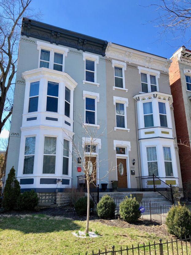 Eine Reihe von Stadthäusern in Washington, DC, mit Fenstern, Türen, Treppen, Geländern, Pflanzen, Bäumen, Gras und einem Zaun.