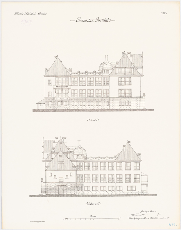 Ein detailliertes architektonisches Zeichnung des Chemistes Institut-Gebäudes in den Niederlanden auf Papier mit begleitendem Text.