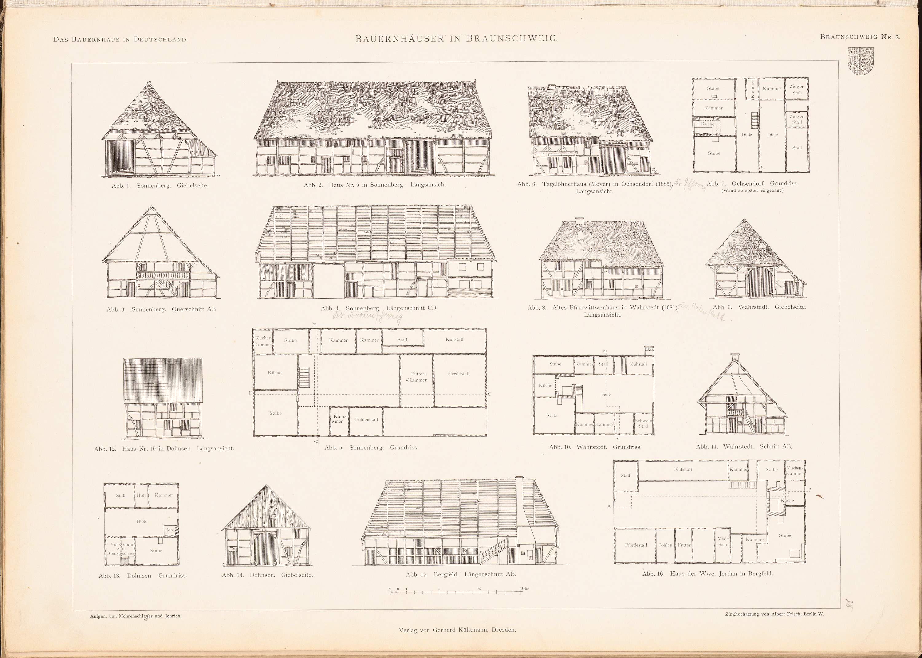 Ein offenes altes Buch zeigt detaillierte Architekturpläne und -zeichnungen verschiedener einzigartig gestalteter Häuser auf einer Seite, begleitet von erklärendem Text.