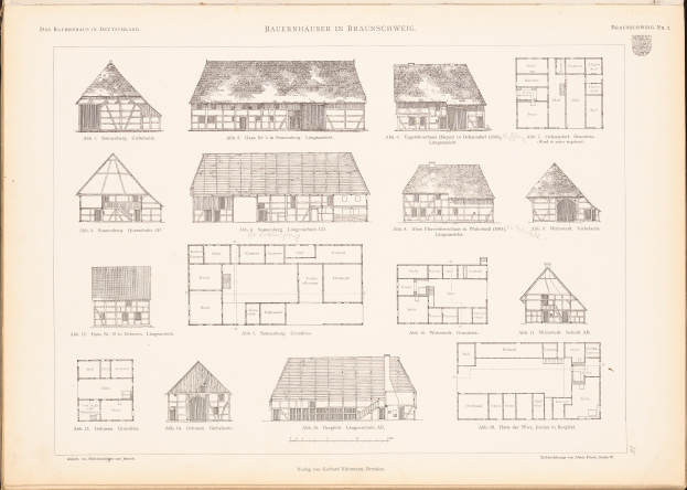 Ein offenes altes Buch zeigt detaillierte Architekturpläne und -zeichnungen verschiedener einzigartig gestalteter Häuser auf einer Seite, begleitet von erklärendem Text.