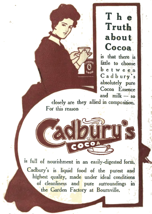 Anzeige fur Cadbury's Cocoa mit einer Frau, die eine Tasse Cocoa haelt