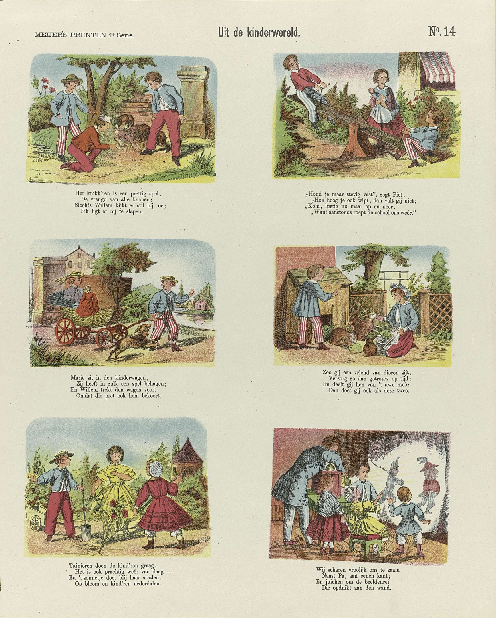 Offenes Buch mit Illustrationen von Kindern, die in einem Park spielen, umgeben von Bäumen, Gebäuden und einem Wagen, mit begleitendem Text.