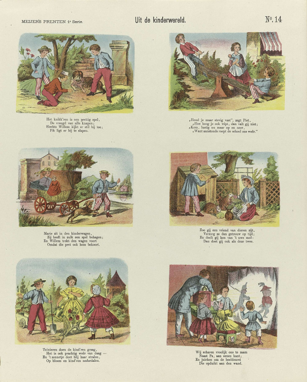 Offenes Buch mit Illustrationen von Kindern, die in einem Park spielen, umgeben von Bäumen, Gebäuden und einem Wagen, mit begleitendem Text.