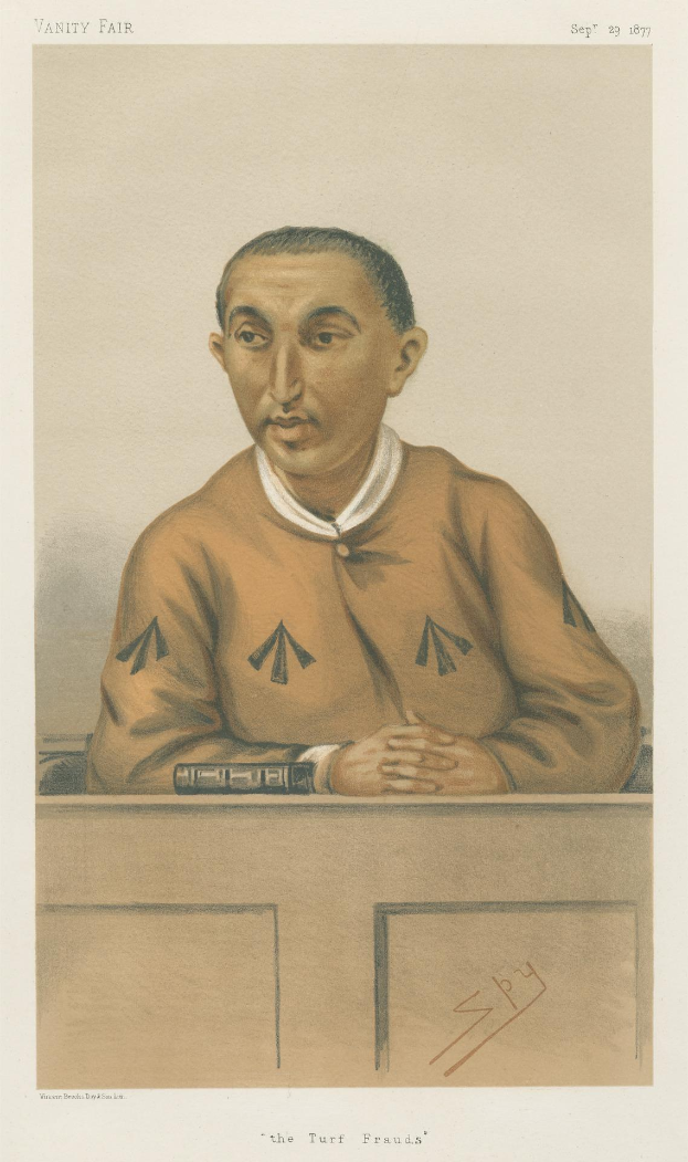 Ein Mann in einem weißen Hemd und dunklen Hosen sitzt an einem Tisch mit gefalteten Händen, zeigt einen ernsten Gesichtsausdruck, mit dem Text "Die Turf-Betrügereien" unten.