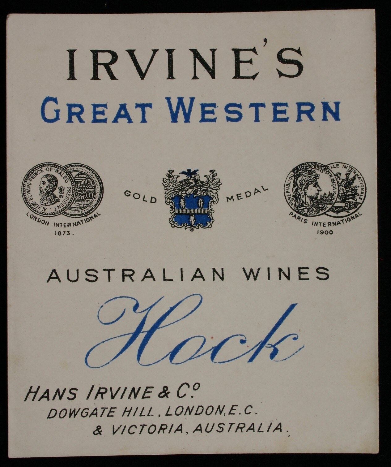 Plakat, das "Irvines Große Western Australische Weine Hock" mit Firmenlogos bewirbt, wahrscheinlich verschiedene Weinsorten.