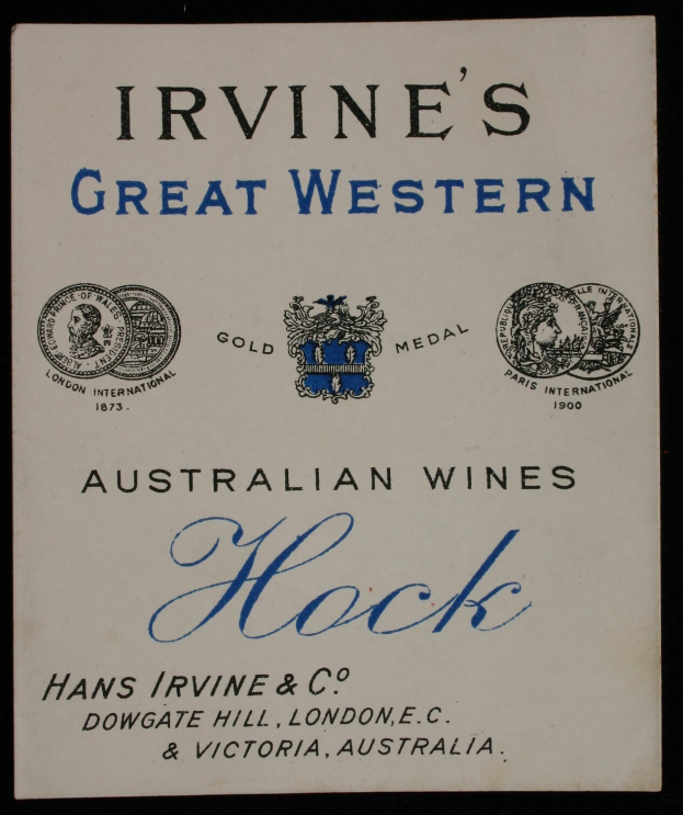 Plakat, das "Irvines Große Western Australische Weine Hock" mit Firmenlogos bewirbt, wahrscheinlich verschiedene Weinsorten.