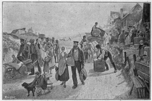 Eine Gruppe von Menschen, einige mit Taschen und einer auf einem Pferdewagen, gehen eine Schotterstraße entlang mit einem Hund, Häusern im Hintergrund und Text unten lesend "Deutsche Flüchtlinge in Deutschland".