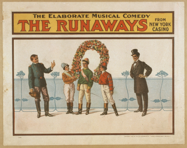 Plakat für "Elaborate Musical Comedy Runaways" aus dem New Yorker Casino, das eine Reihe von Menschen zeigt, von denen einer einen Blumenstrauß hält und Text, der die Show beschreibt.